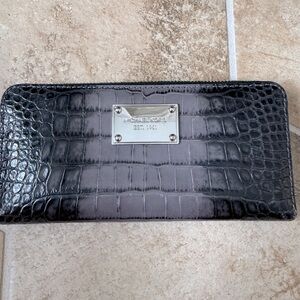 Michael Kors Grey Croc Embossed Zip Around Wallet with Silver Hardware